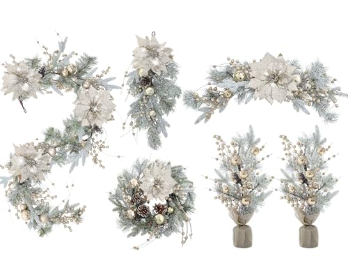 Champagne Christmas Decor Set - Snowy Wreaths, Garlands & Tree Ornaments