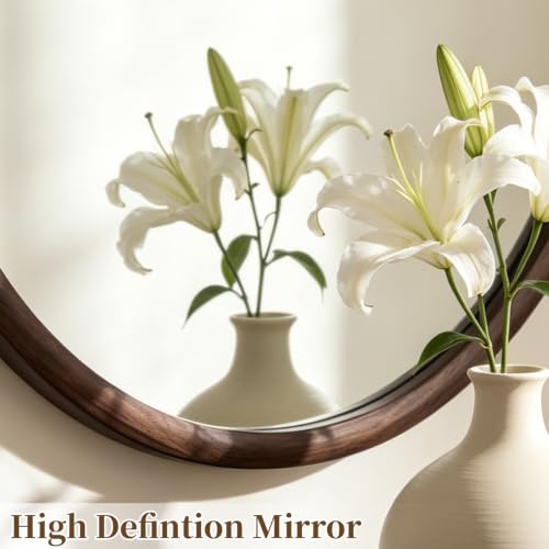 WallBeyond 28 Inch Walnut Round Mirror - Modern Wall Decor for Bathroom, Entryway, Living Room & Bedroom