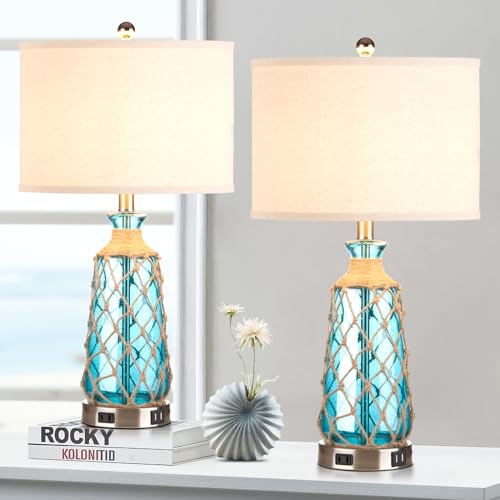 Teal Coastal Glass Table Lamps Set of 2 with USB & AC Outlet - 25.5" Bedside Touch Lamps