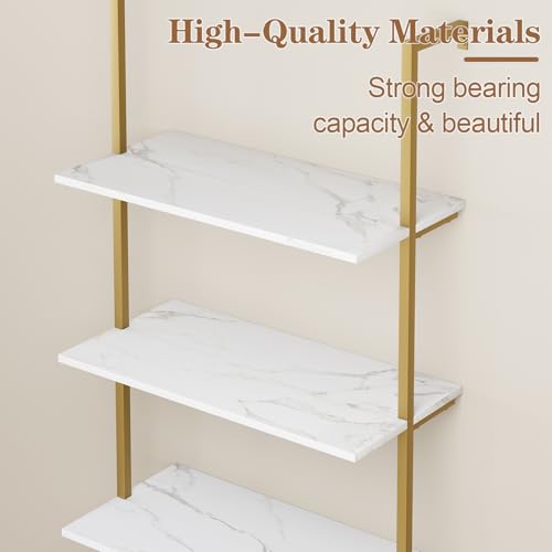 Wall Mount Ladder Shelf 5 Tiers White Marble Finish 2-Piece Modern Bookcase