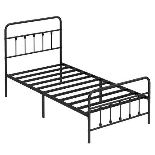 Black Twin Metal Bed Frame with Headboard and Footboard - Sturdy Steel, Underbed Storage