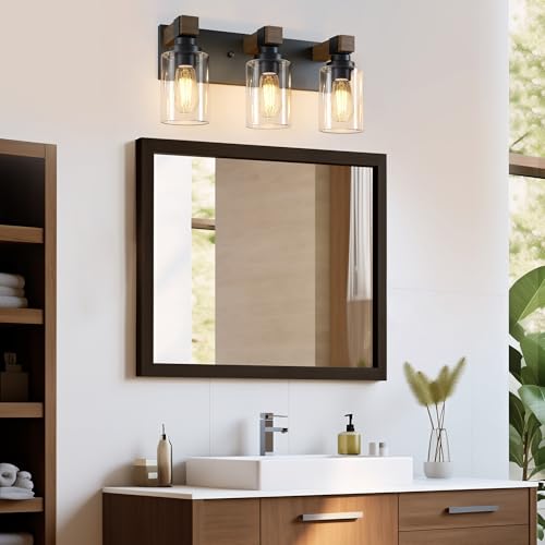DvmTeom Farmhouse Bathroom Vanity Light Fixture - Black & Wood, 3-Light