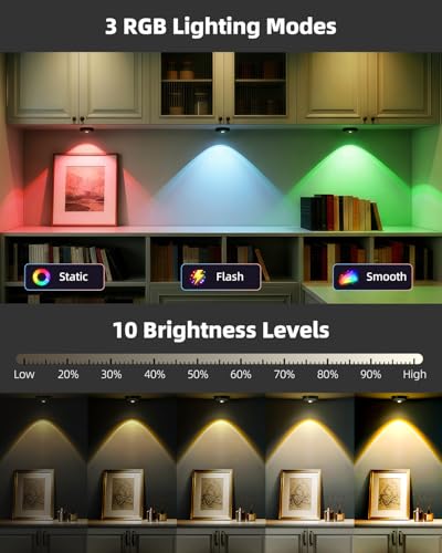 Rechargeable RGB LED Puck Lights with Remote Control, Dimmer & Timer - Black, 12 Pack, Color Temp Options