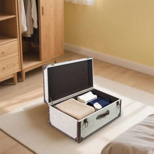 Large Decorative Wooden Storage Chest with Linen Fabric Cover - White Linen