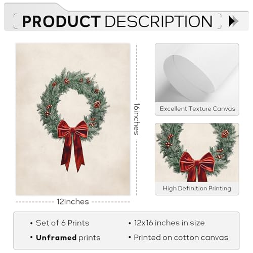 SYYANKK 12x16 Inch Unframed Vintage Christmas Wall Art Set - Rustic Holiday Canvas Prints