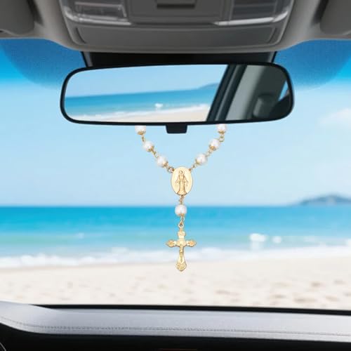 Sunnyclue 2Pcs Cross Car Mirror Charms - Style 7, Gold & Silver Rosary Hanging Ornaments