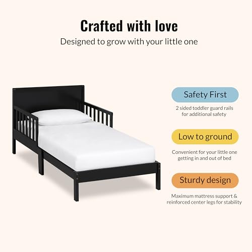 Toddler Bed with Safety Rails - Black, Low-to-Floor Design, Non-Toxic Pine Finish