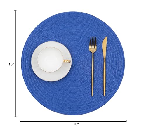SHACOS Round Placemats Set of 6 Washable 15 inch Round Table Mats Cotton Polyester Woven Braided Place Mats for Dining Table (Blue, 6)