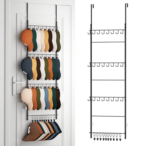 Black 4-Tier Over-the-Door Hat Organizer with 24 Hooks & 10 Clips - Fits 34 Caps