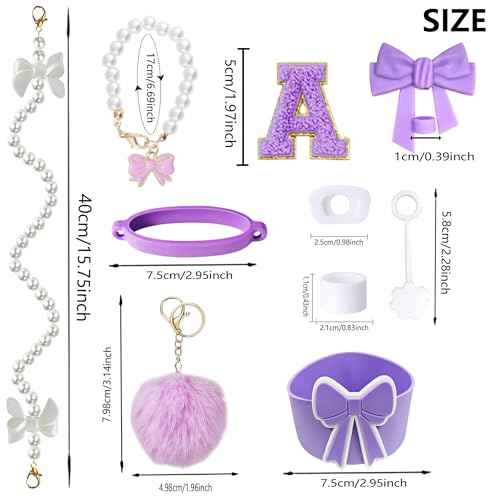 10PCS Purple Stanley Cup Accessories Set for 30oz 40oz Tumbler with Handle, Includes Pearl Strap, Bow Straw Topper & Boot, Decorations Charms, Letter Sticker, Spill Proof Stoppers(A, Purple)