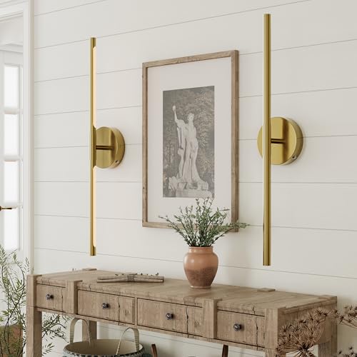 24-Inch Battery Operated Wall Sconce Set of 2 - Gold, 350° Rotating Lamp, Cordless Rechargeable, Dimmable & Remote Control