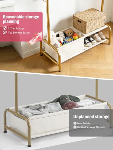 Kids Clothing Rack with Shelf & Hooks - Metal Toddler Dress Up Organizer, Gold