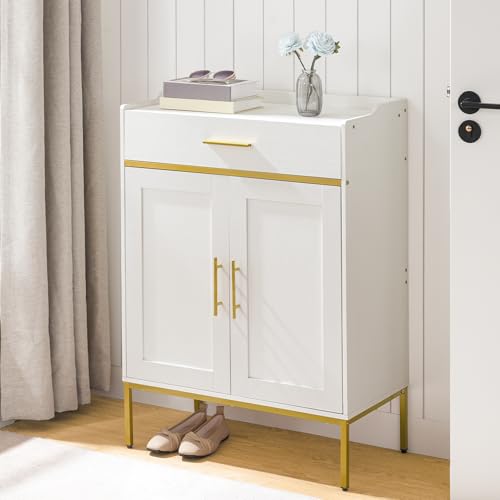 HOOBRO White & Gold 5-Tier Shoe Cabinet with Drawers - Large Wooden Entryway Organizer