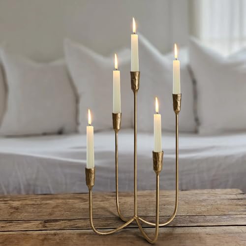 Antique Brass 5-Arm Candle Holder - 15 Inch Cast Iron Candelabra for Weddings & Home Decor