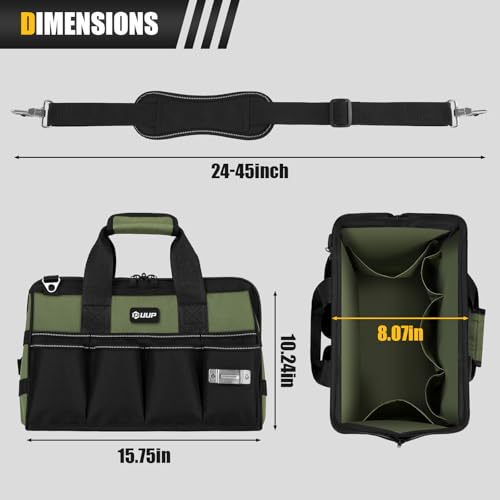 Green 15.5-Inch Heavy Duty Tool Bag with 16 Pockets & Adjustable Shoulder Strap