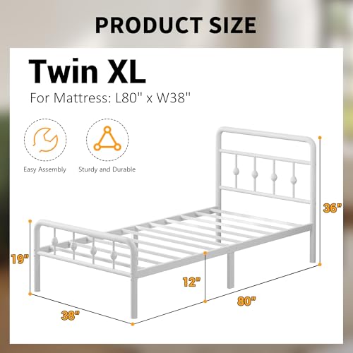 Twin XL Bed Frame with Headboard and Footboard - White Vintage Metal Design
