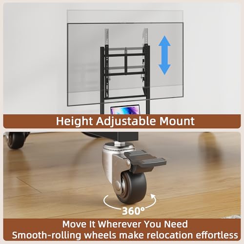 Rolling TV Stand with Wheels & Mount - 15 Inch Rustic Brown with Fabric Drawer - Fits 32-55 Inch TV
