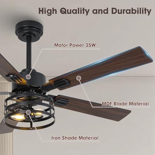 Vaczon 52-inch Farmhouse Ceiling Fan with Light, Maple/Black, 6-Speed DC Motor
