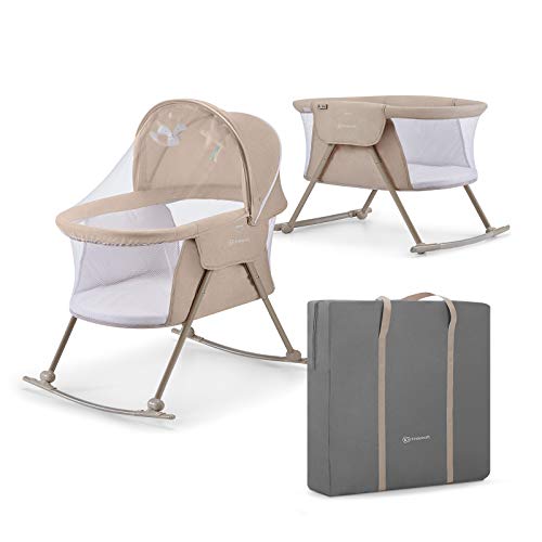 Baby Travel Bassinet - 3-in-1 Folding Cradle with Mesh Sides & Mosquito Net - Beige