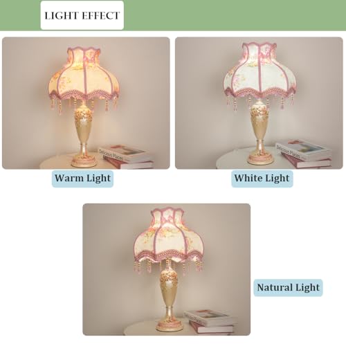 Pink Fabric Shade Table Lamp with Antique Flower Decor - Handmade Night Light for Bedroom