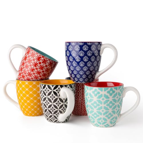 Vibrant Color 16 oz Boho-Mosaic Coffee Mug Set of 6 Large Ceramic Drinkware