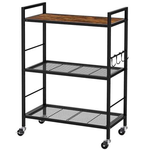 Brown 3-Tier Metal Storage Rack with Wheels & Wooden Top, Adjustable Shelves, 23.6W