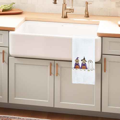 Fall Ghost Pumpkin Halloween Kitchen Towels, Ghost Golden Retriever Gifts Decor Dish Towel for Kitchen, Fall Halloween Decor, Spooky Dogs Hand Towels for Bathroom Decorations 16x24 Inch