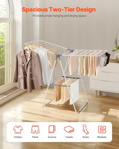 Foldable Laundry Drying Rack 2-Tier with Sock Clips, 21 Rods, Adjustable Height, Space-Saving, White - 54.5"D x 23.6"W x 39.4"H