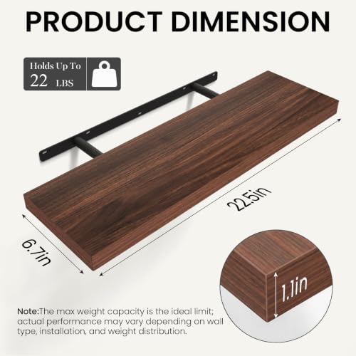 Walnut-Like Floating Shelves 22.5in Set of 2 - Mid-Century Modern Wall Decor