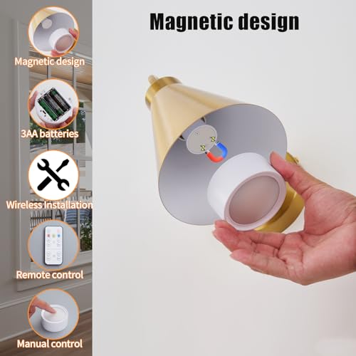 Powfloven Vintage Rechargeable Wall Sconces Set of 2, Gold Battery