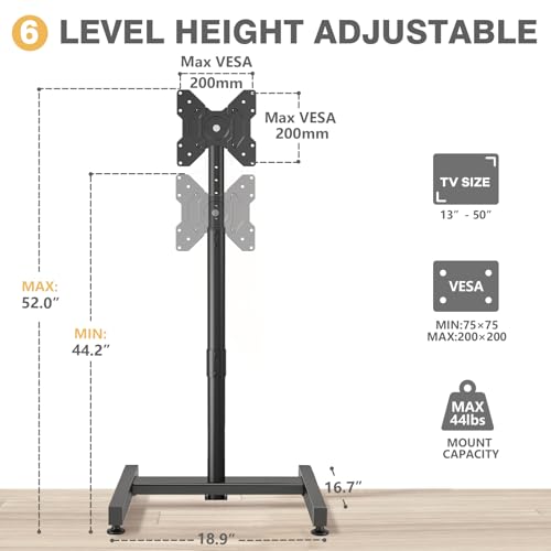 TVON Black Floor TV Stand for 13-50 inch Flat & Curved Screens, 44 lbs Capacity, Adjustable Height & VESA Mount