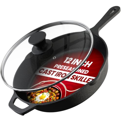 12 Inch Cast Iron Skillet with Lid - Pre-Seasoned Non-Stick Frying Pan - Black