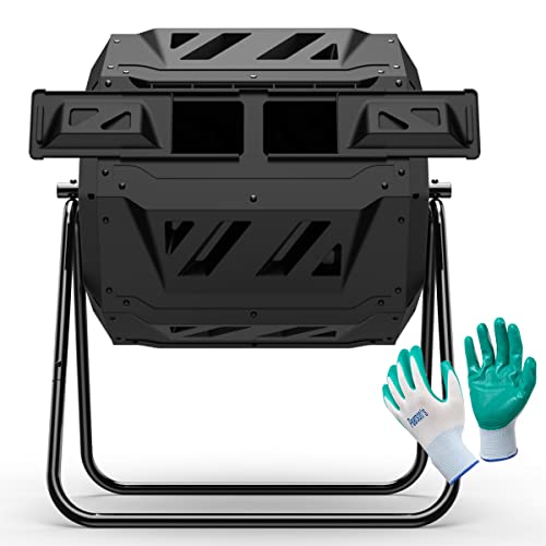 Black Compost Tumbler Bin with Dual Chambers 43 Gallon - Includes Gardening Gloves
