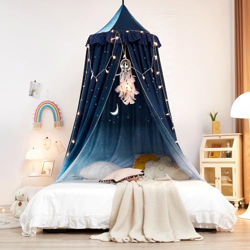 Kertnic Night Sky Ruffle Princess Bed Canopy for Girls Room Decoration, Mosquito Net & Play Tent