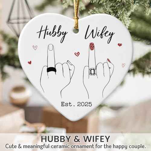 Wedding Gifts for Couples 2025 ? Hubby & Wifey Ceramic Christmas Ornament, First Christmas Married Keepsake
