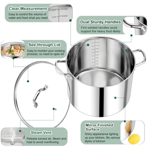 20 Qt Stainless Steel Stock Pot with Lid - Durable Cooking Soup Pot