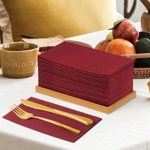 KAMMAK Burgundy Red Disposable Cloth-Like Paper Dinner Napkins 16.5x16.5 Inch - 100 Pack with Pocket for Party Wedding Dining