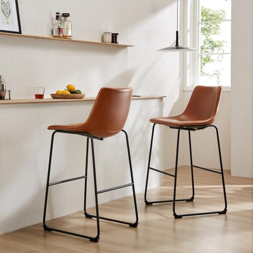Counter Height Bar Stools Set of 2 - Brown Faux Leather with Metal Legs