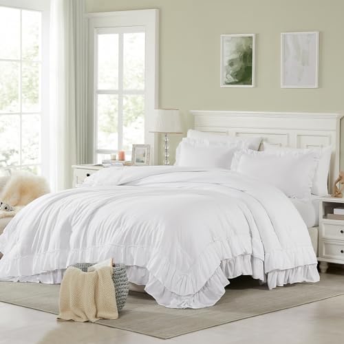Cupocupa White Queen Comforter Set 3Pcs Ruffle Farmhouse Bedding - Lightweight & Fluffy