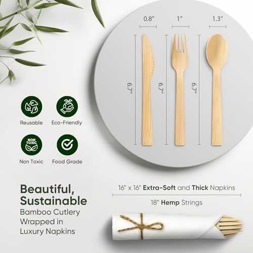 Set of 100 EcoPreps Bamboo Cutlery and Napkin Set - Biodegradable Party Pack