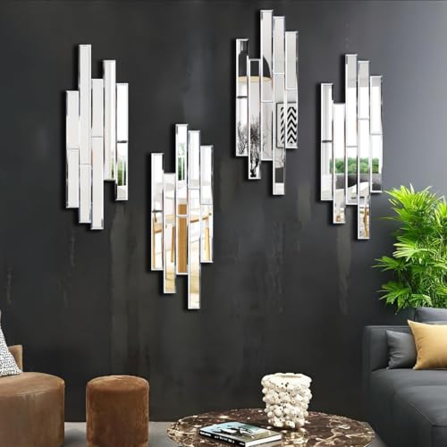 VOHJD Silver 4 Pack Wall Decor Mirrors - 24x8 Inch Beveled Modern & Farmhouse Design
