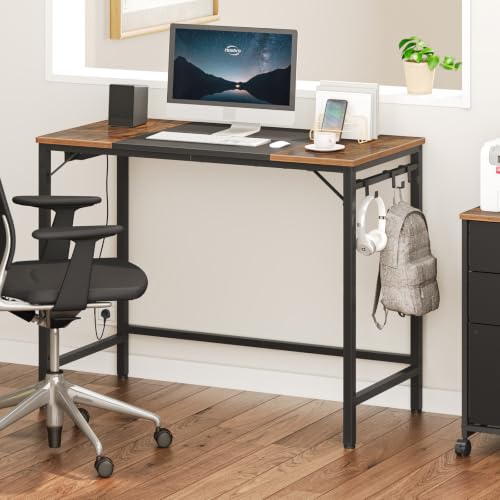HOOBRO Rustic Brown & Black 31.5 Inch Computer Desk with Power Outlet & USB Ports - Small Home Office Table, Study or Gaming Desk, Easy Assembly BF40UDN01