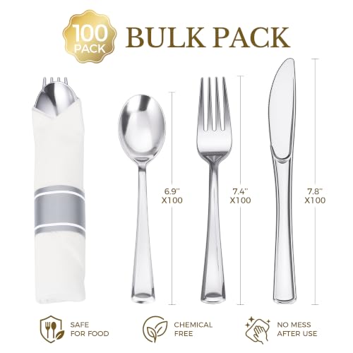 Classic Silver 100 Pack Disposable Silverware Set with Napkins, Wrapped Cutlery