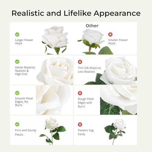 Artificial White Roses Set - 104 Realistic Fake Flowers for Wedding & Decor