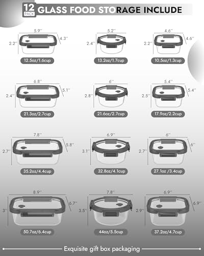 12-Pack Borosilicate Glass Food Storage Containers with Tempered Lids - Multi-Size, Oven & Dishwasher Safe, Airtight - Gray (Variation: Tempered Lids Gray / 12 Mixed Sizes)