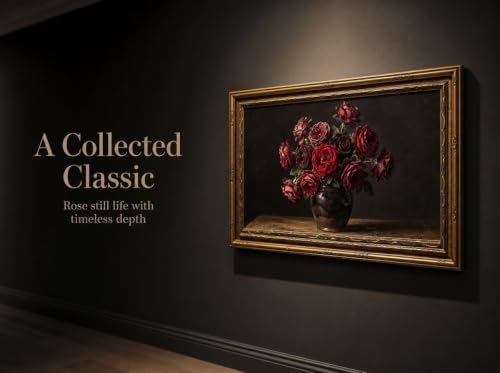 MOGIKE Vintage Framed Burgundy Red Rose Wall Art - 12x24 Inch Floral Canvas for Living Room & Bedroom
