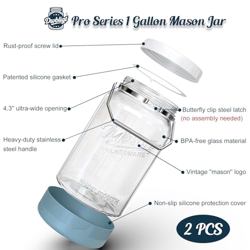 2 Pack 1 Gallon Glass Jars with Airtight Lids and Handles - Food Storage Set