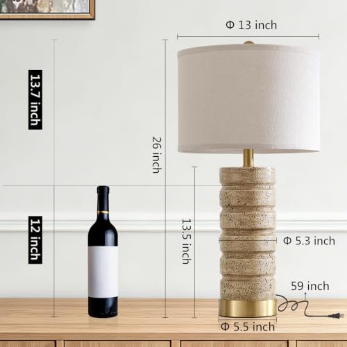 AIEAMPDO 26-Inch Set of 2 Travertine Resin Table Lamps with Brass Bases - Warm Beige