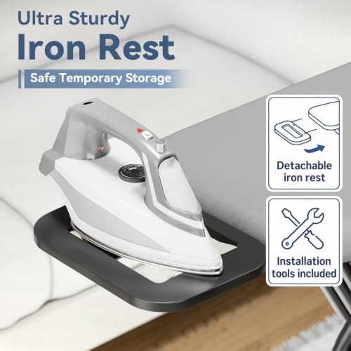 KINGBOARD Grey Foldable Ironing Board with Iron Rest & Hanger, Space-Saving