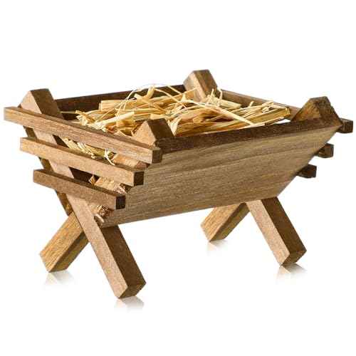 Menkxi Baby Jesus Manger Ornament Wooden Manger with Natural Hay Jesus Nativity Scene Decoration Religious Christmas Decoration Mini Manger for Indoor Nativity Scene